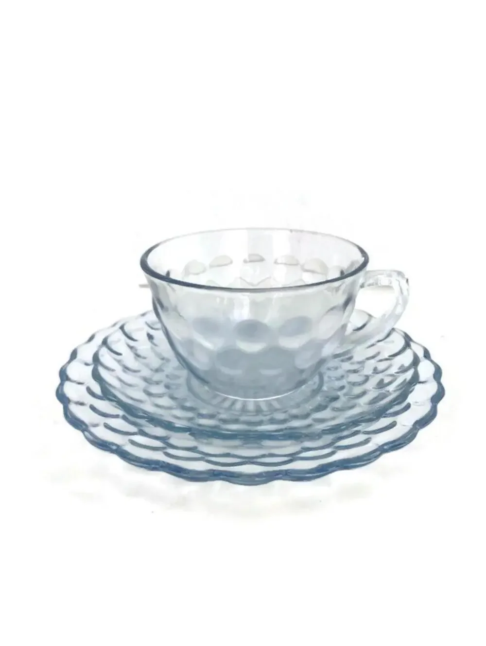 Vintage Anchor Hocking Pale Blue Glassware Set: Bubble Design Tea Cup and Saucer